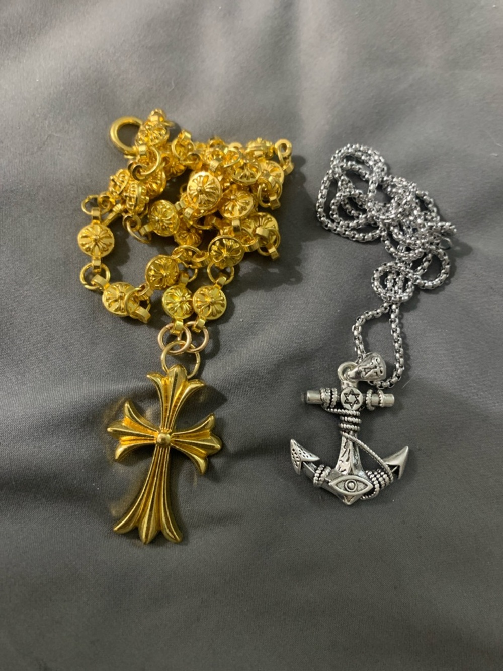 Gold Cross Pendant Necklace + Silver Anchor Pendant Necklace